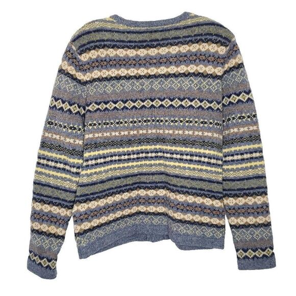 Skyr Wool Cardigan Sweater M Blue Green Fair Isle Geometric Stripe Full Zip - Picture 2 of 5